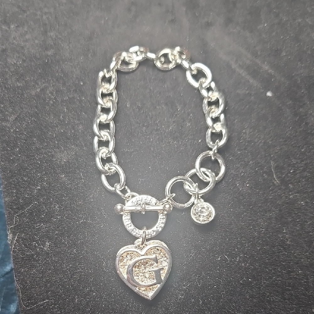 Guess Silver Heart Charm Bracelet 8in